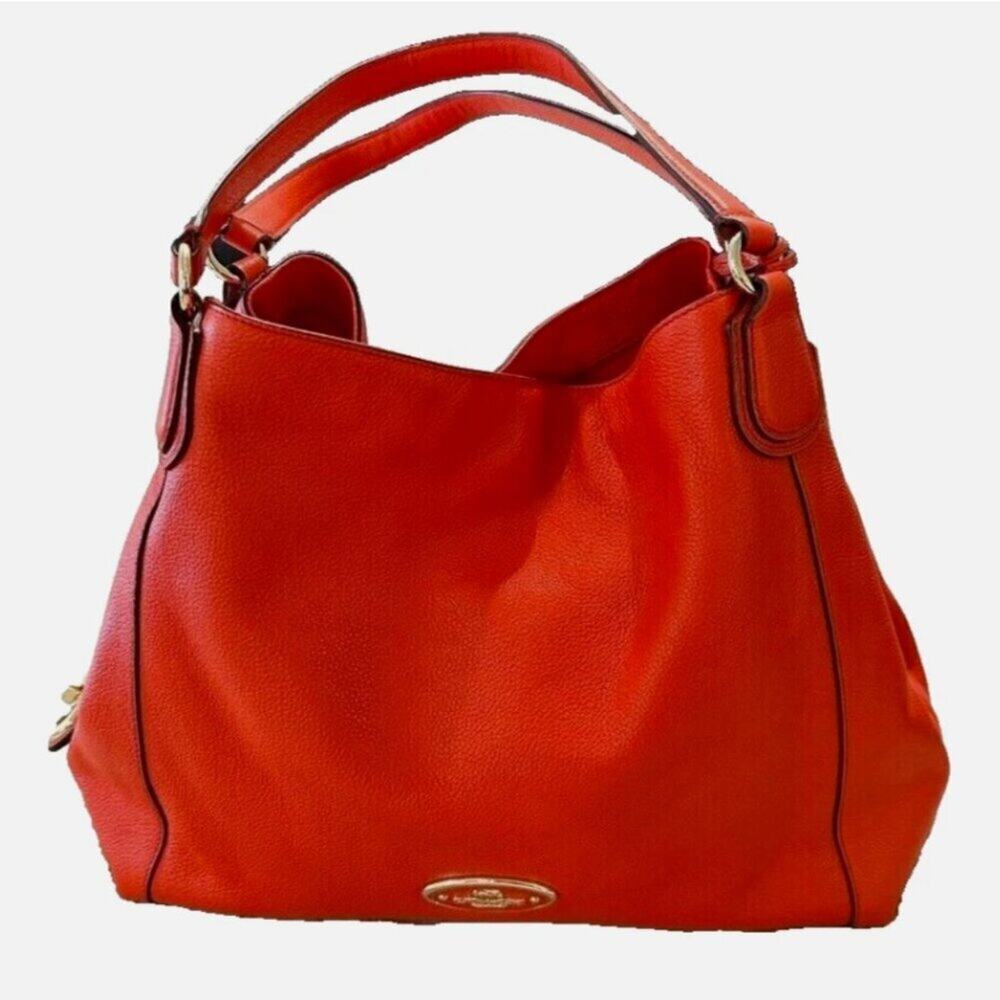 Coach Edie Pebble Leather Shoulder Bag Coral Red EUC E1480 Large Hobo